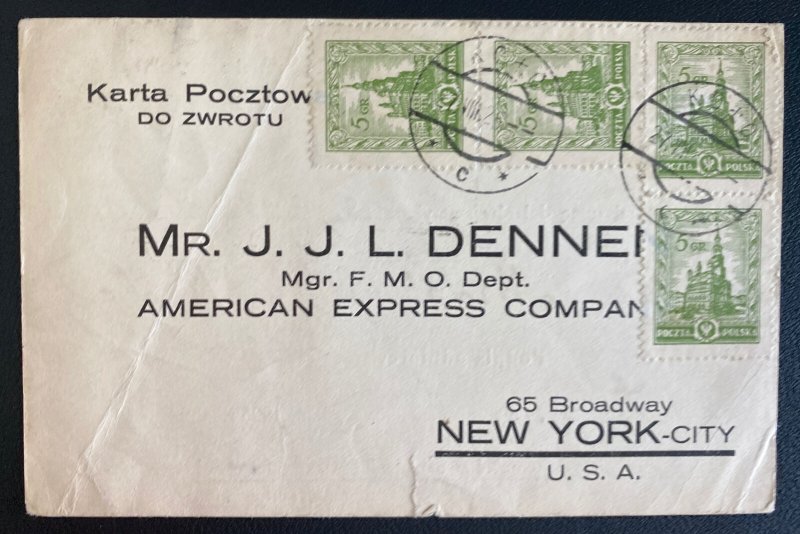 1925 Poland Postcard Cover To New York Usa American Express Company