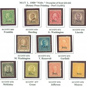 US Scott #669-679 Nebraska Overprint Complete Set, See Descript, SCV $359.75 (SK