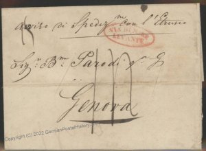 Italy 1837 Livorno Genova Sea Mail Disinfected Cholera Pest Cover 107096