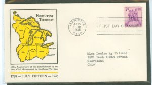 US 837 1938 3c Northwest Territory Sesquicentennial on an addressed (typed) FDC with a Yellow Linprint Cachet
