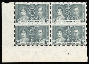 Jamaica 1937 KGVI Coronation 1½d grey-black Plate 1 block of four MNH. SG 119.