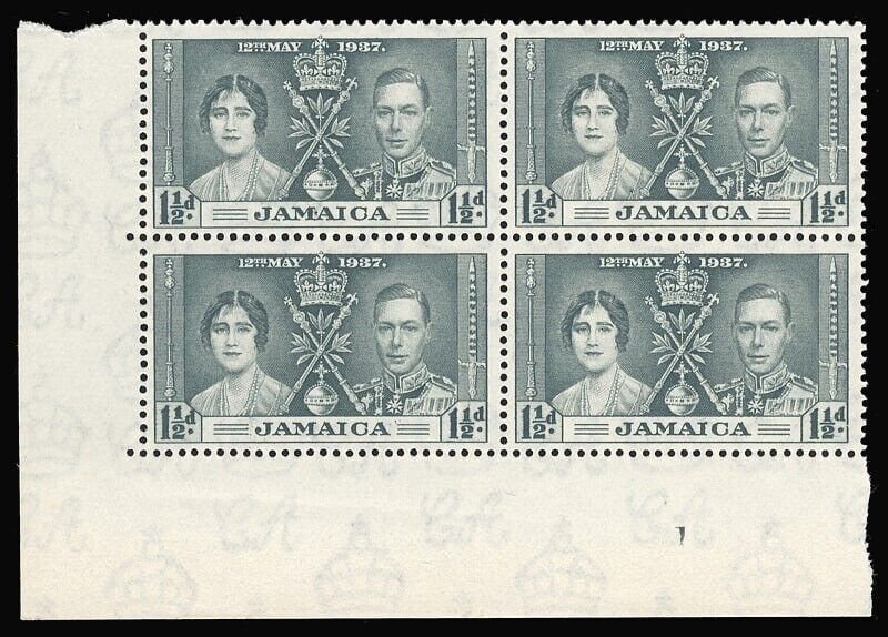 Jamaica 1937 KGVI Coronation 1½d grey-black Plate 1 block of four MNH. SG 119.