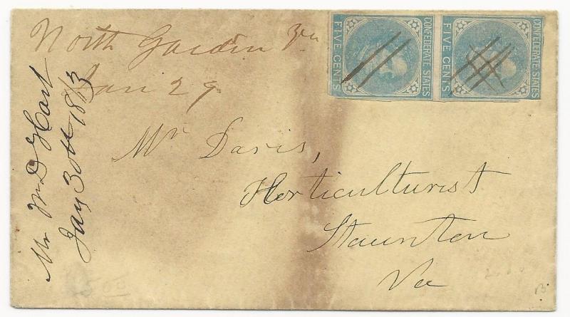 CSA Scott #7 Pair London Paper on Cover North Gardens, VA January 29, 1863