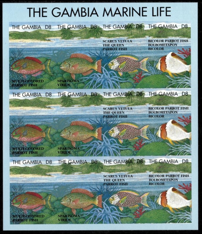 Gambia 1995 - Marine Life Fish - Sheet of 12 IMPERF Stamps - Scott #1622 - MNH