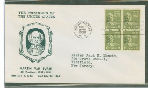 US 813 1938 8c Martin Van Buren (block of four) (presidential/prexy) first day cover with a Hux cut cachet.