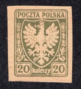 Poland 1919 20h olive green Eagle, Scott 67 Unused, value = $1.00