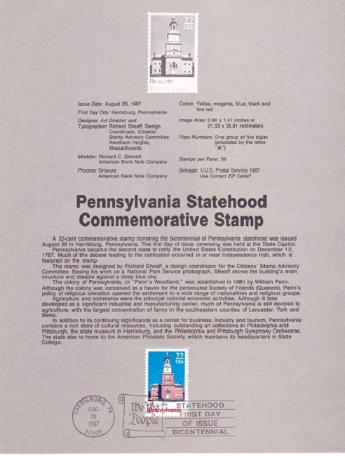 US SP801 Pennsylvania Statehood Souvenir Page #2337