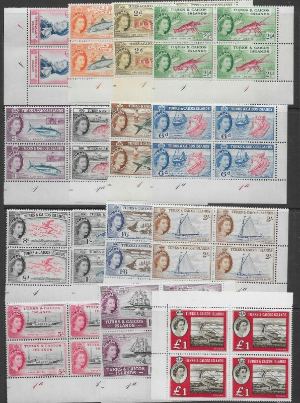 TURKS & CAICOS ISLANDS SG237/50,253 1957-60 DEFINITIVE SET MNH CNR BLKS OF 4