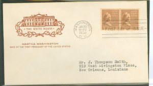 US 840 1939 First Day Cover, 1.5c Martha Washington (Presidential/Prexy/Series) line pair coil on an addressed (typed) First Day