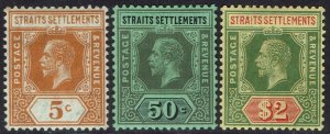 STRAITS SETTLEMENTS 1912 KGV 5C 50C AND $2 WMK MULTI CROWN CA