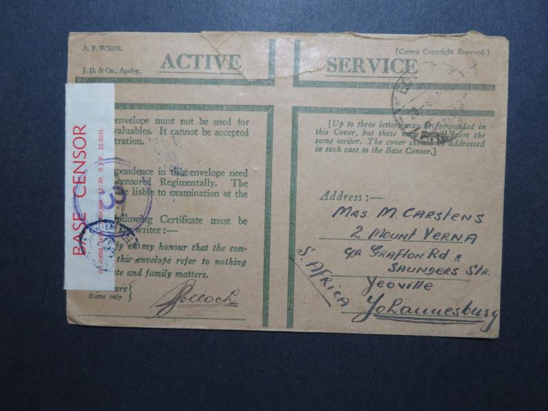 Egypt WWII British Active Service Cover to South Africa / Censored - Z10571