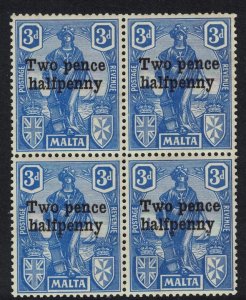 Malta Surcharge 'Two and halfpenny' Block of 4 1925 MNH SG#142