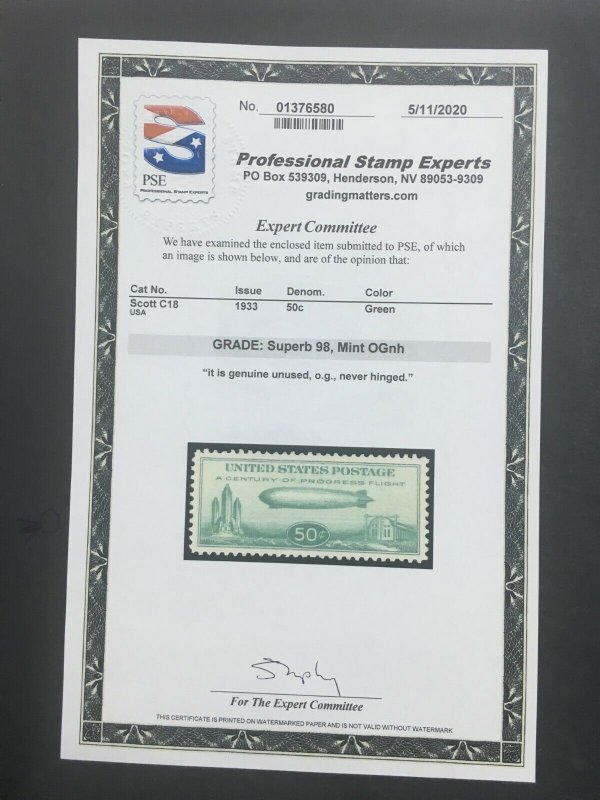 MOMEN: US STAMPS #C18 MINT OG NH PSE GRADED CERT SUP-98 LOT #70534