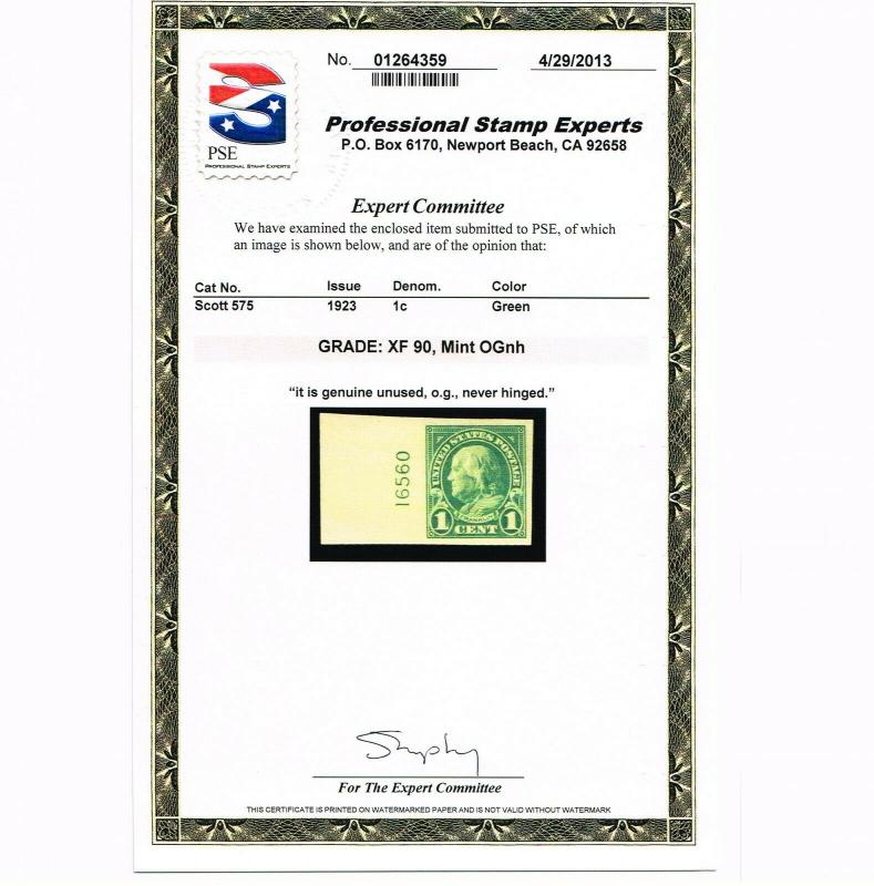 GENUINE SCOTT #575 XF MINT PRISTINE OG NH PSE CERT 1923 GREEN PLATE 16560 SINGLE