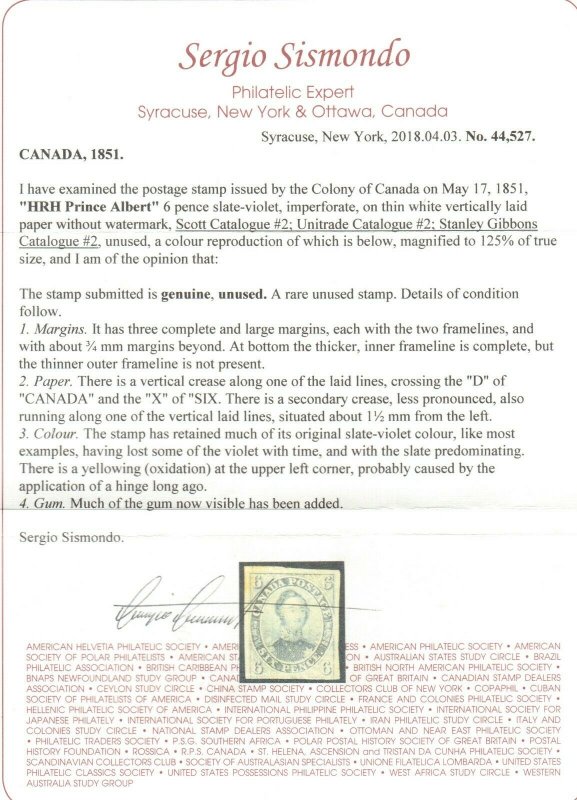 Canada #2 Mint fine Unused (No Gum) Small Hidden Flaws Indicated On Certificate