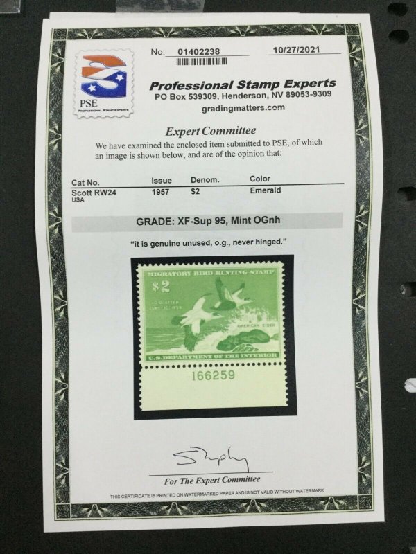 MOMEN: US STAMPS #RW24 DUCK MINT OG NH PSE GRADED CERT XF-SUP 95 LOT #74435