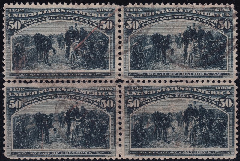 #240 Used, VF, Block of 4, rare as used, few short perfs, perf separation (CV...