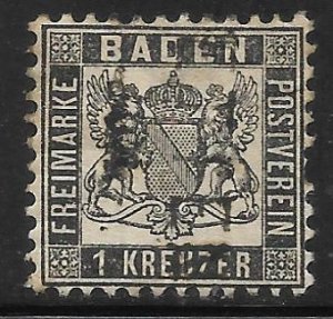 Baden - Scott #15 1Kr Black, Coat of Arms, Fine - Used, SCV=$15.00