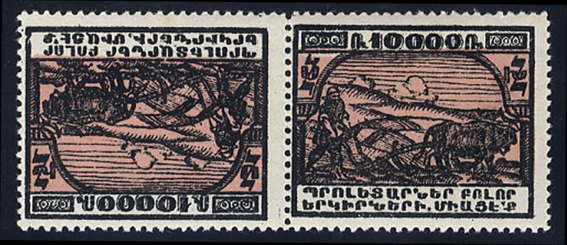 Armenia #309a, 1922 10,000r black & pale rose, horizontal tete-beche pair, ne...