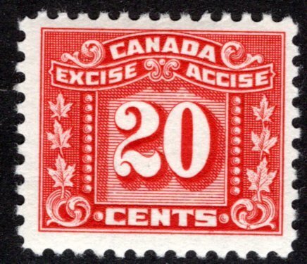 van Dam FX77, 20c red, MLH, Three Leaf Federal Excise Revenue, Canada