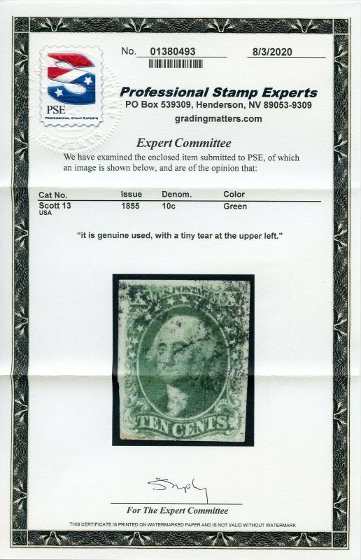 US SCOTT #13 USED-VF-XF+ W/ PSE CERT TINY MARGIN TEAR (5/16/21 GP)