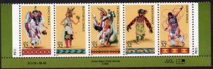 Scott #3076a (3073-3076) American Indian Dances Plate # Strip of 5 Stamps - MNH