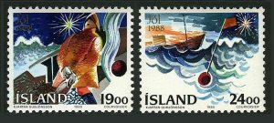 Iceland 669-670,MNH.Michel 695-696. Christmas 1988:Fisherman at sea,Ship,Buoy.