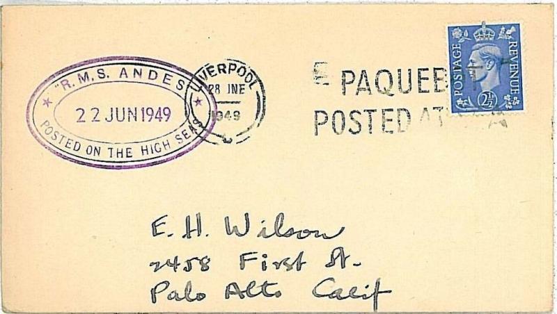 PAQUEBOT - BOATS - MOUNTAINEERING:  POSTAL HISTORY - COVER : GB 1949 - RMS ANDES