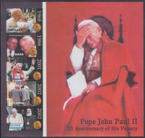 GRENADA Sc #3442a-e MNH S/S of 5 DIFF, 25th ANN PONTIFICATE of POPE JOHN PAUL II