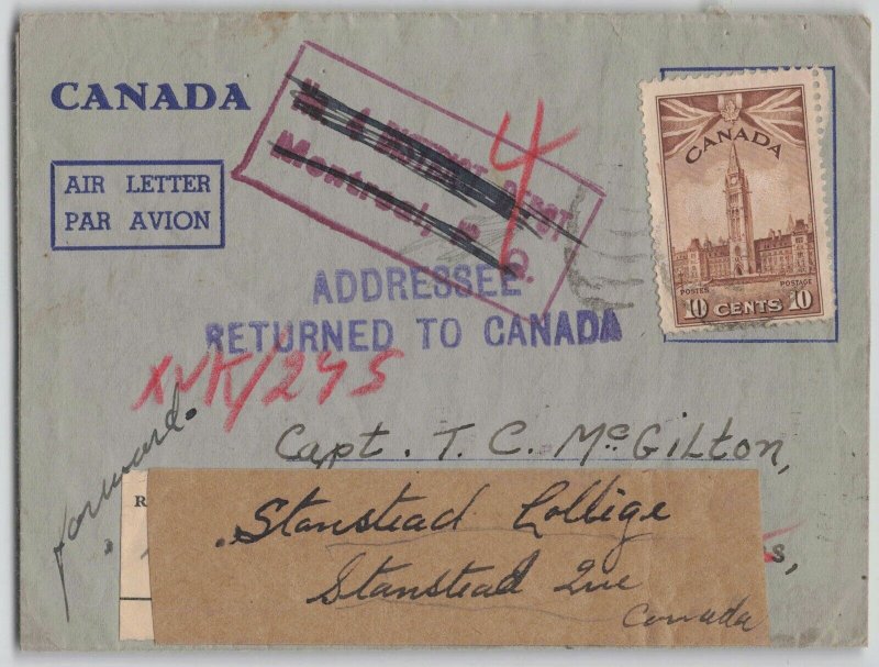 Canada 1946 WWII RETURNED TO CANADA Military Air Letter Stanstead Quebec