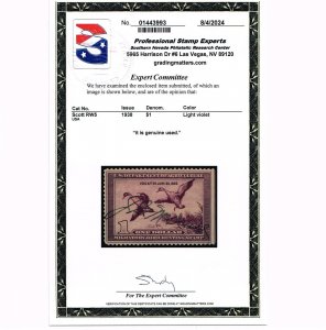 EXCELLENT GENUINE SCOTT #RW5 F-VF USED 1938 FEDERAL DUCK HUNTING STAMP PSE CERT