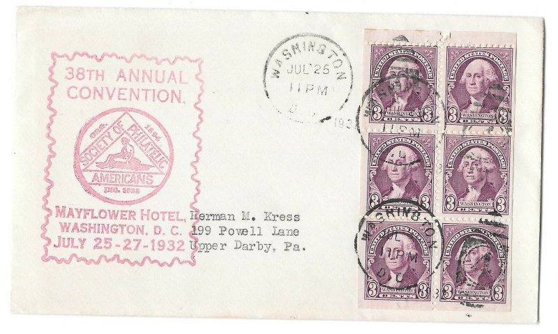 720b FDC Event Cover 1932 Washington Booklet Pane of 6 SPA Convention Cachet