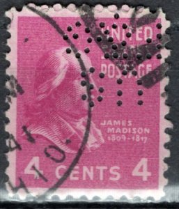 USA; 1938: Sc. # 808:  Used. Single Stamp W/Perfins