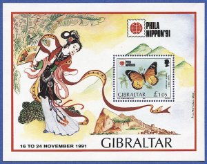 GIBRALTAR 1991 Sc 604 Mint NH s/s VF, Phila Nippon - Butterfly - Pretty Woman
