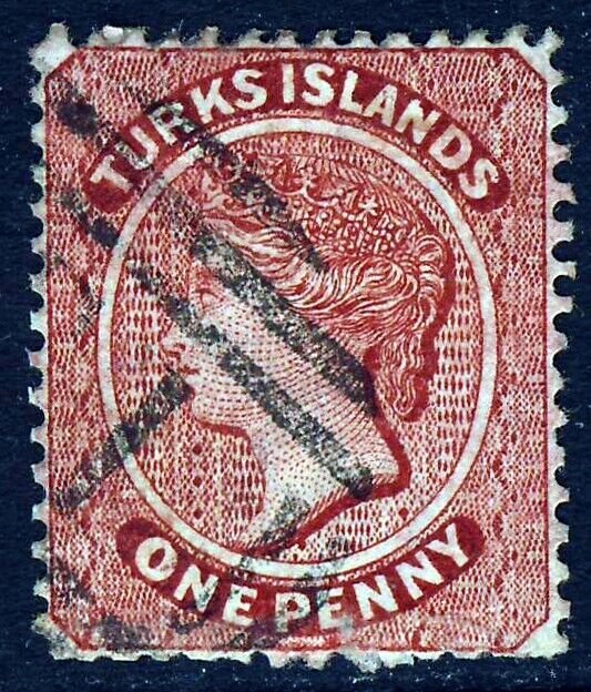 TURKS ISLANDS QV 1889 One Penny Crimson-Lake Watermark Crown CA SG 62 VFU