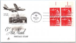 US FIRST DAY COVER LUMINESCENT TAGGED 8c AIRMAIL STAMP PLATE BLOCK OF (4) 1963 C