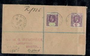 FIJI  ISLANDS (P2507B)  1922 KGV 5D+6D COVER TO ENGLAND 