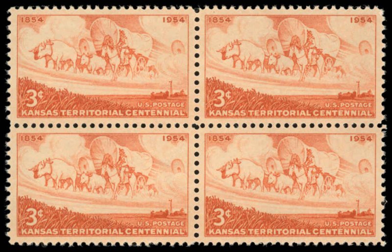 US Sc 1061 VF/MNH BLOCK - 1954 3¢ Kansas Territory - P.O. Fresh