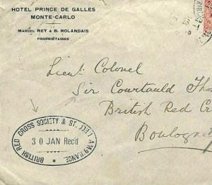 MONACO HOTEL Cover WW1 BRITISH RED CROSS & St.John Ambulance 1915 OVAL MS180