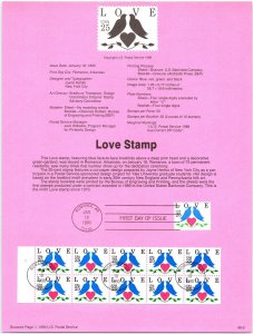 USPS SOUVENIR PAGE LOVE STAMP 25c PAIR OF BLUE LOVEBIRDS STRIP OF (8) BKLT 1990