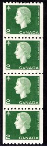 406, Scott, 2c green, Strip of 4, VF, MNHOG, Cameo Issue, Coil, Canada Postage S