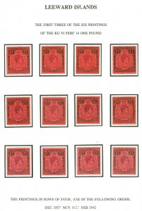 SG 114-114c Leeward Islands 1942-51. £1 study of shades, neatly displayed on 3..