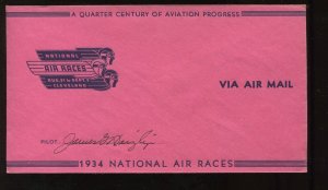 James Haizlip Pilot Signed 1934 National Air Races Cover  LV6174