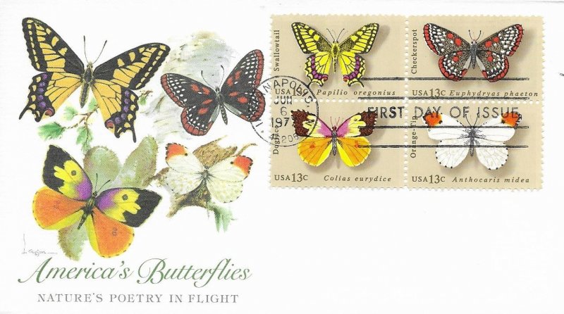 1977 FDC, #1715a, 13c Butterflies, Fleetwood, block of 4