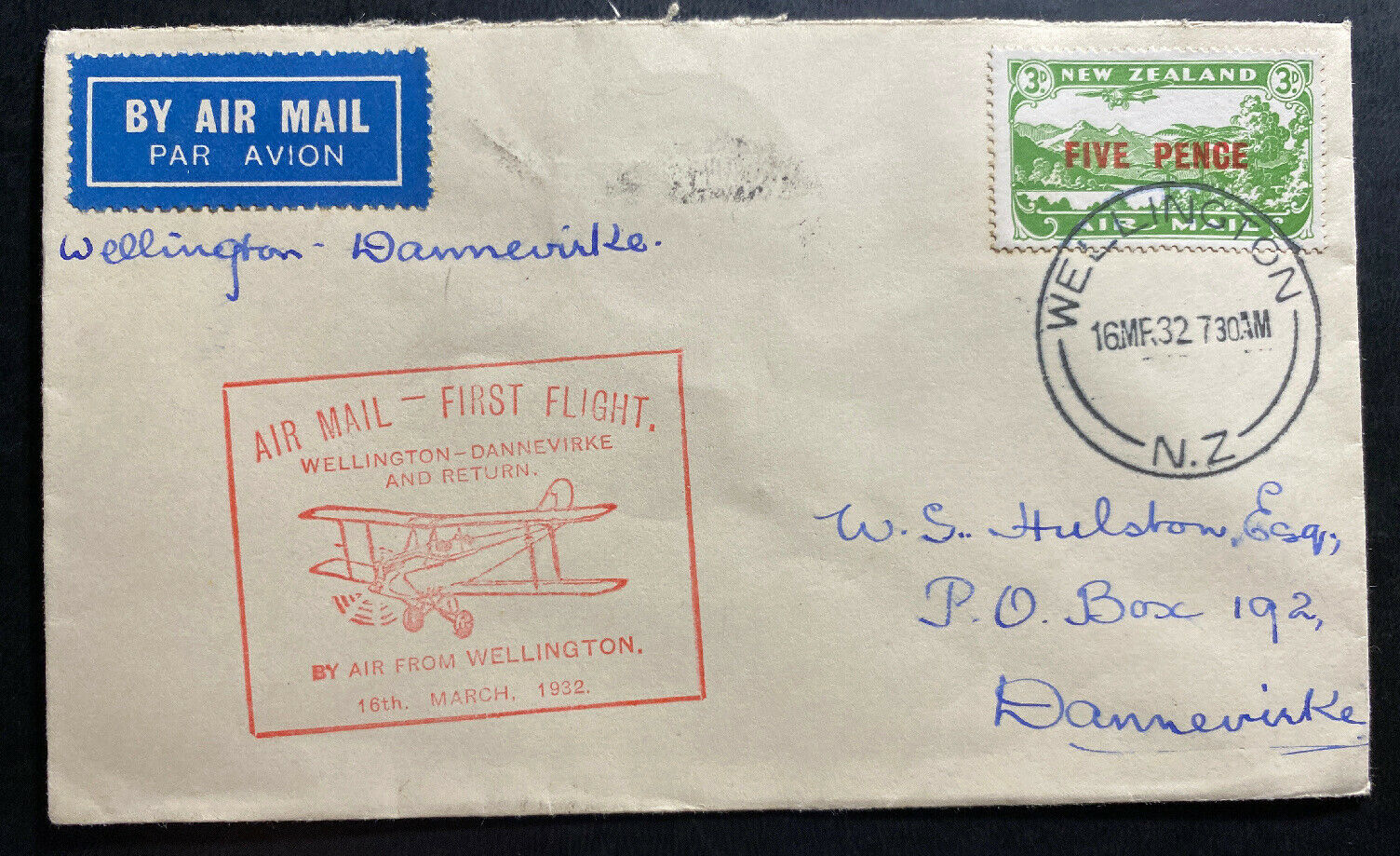 1932 Wellington New Zealand First Flight Airmail Cover FFC To Dannevirke ScC4 Australia