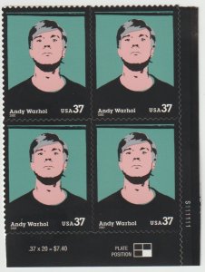 SC# 3652 - (37c) - Andy Warhol, Artist - MNH plate block/4 LR # B111111