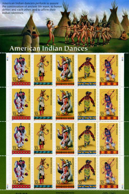 Scott #3072-76 - American Indian Dances - Full Sheet - MNH