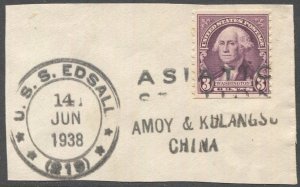 US 1938 Sc 721 used on piece, USS EDSALL ASIATIC SERVICE AMOY & KULANGSU CHINA