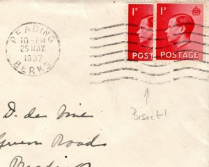 GB KEVIII Cover BISECT 1d Reading Berks 1937 {samwells-covers} K150a