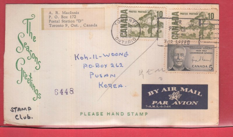 25 cen airmail rate to KOREA with receiver Canada cover 1968